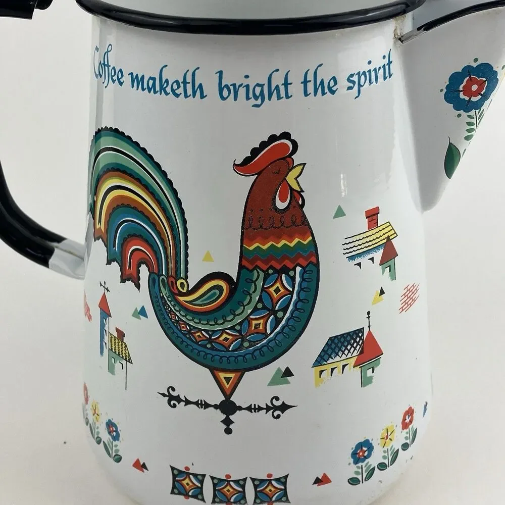 Rooster White Enamel Coffee Pot w/ Lid Decor 'Coffee Maketh Bright The Spirit